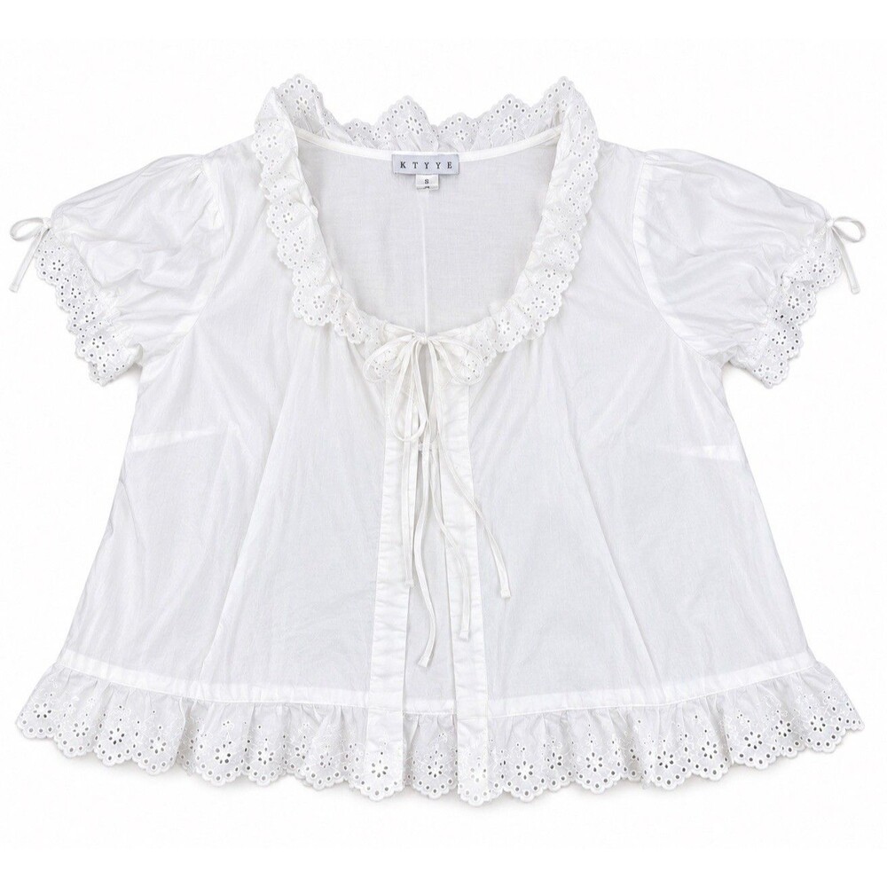 HYFVE White 100% Cotton Eyelet Lace Tie Front Blouse Size S Cottagecore
